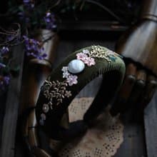 復古風天鵝絨髮箍 櫻月夜