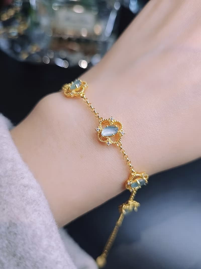 幸運•財富|仙氣天空藍剛隨形|A貨翡翠純銀蕾絲四葉草手鏈