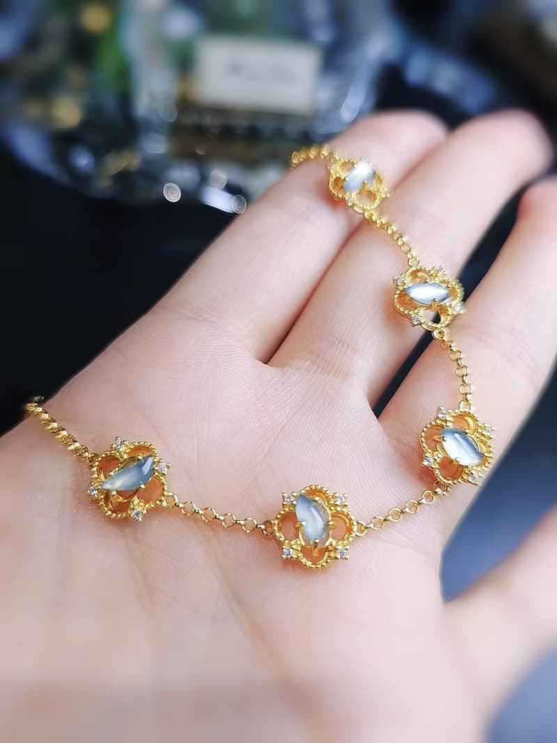 幸運•財富|仙氣天空藍剛隨形|A貨翡翠純銀蕾絲四葉草手鏈