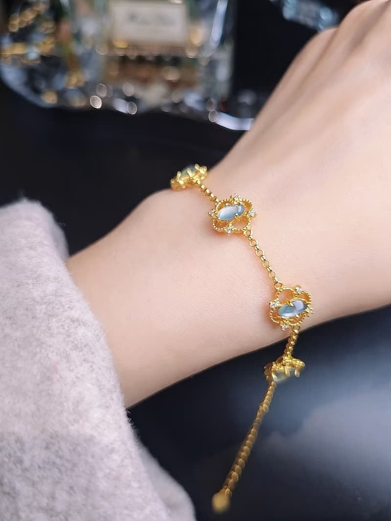 幸運•財富|仙氣天空藍剛隨形|A貨翡翠純銀蕾絲四葉草手鏈