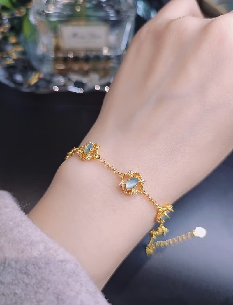 幸運•財富|仙氣天空藍剛隨形|A貨翡翠純銀蕾絲四葉草手鏈