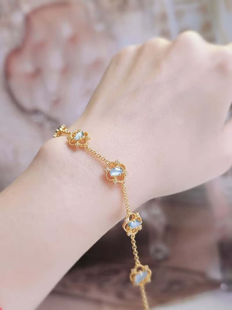 幸運•財富|仙氣天空藍剛隨形|A貨翡翠純銀蕾絲四葉草手鏈