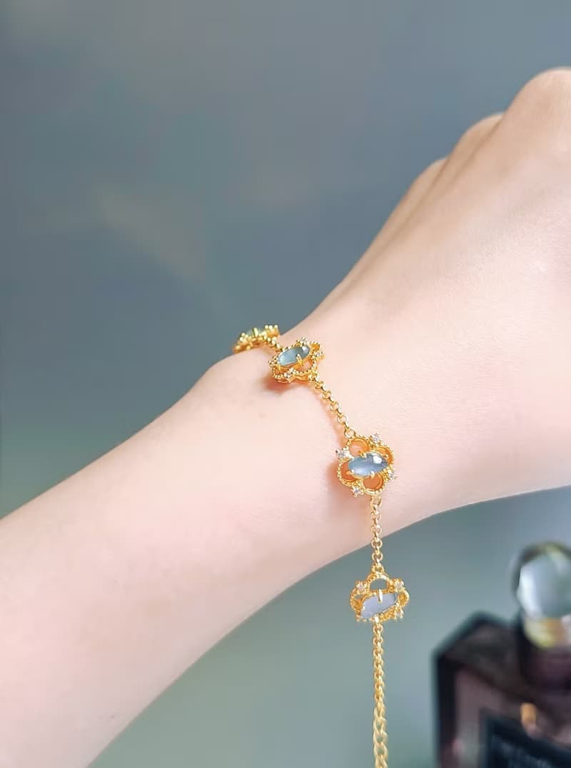 幸運•財富|仙氣天空藍剛隨形|A貨翡翠純銀蕾絲四葉草手鏈