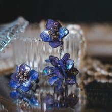 月夜星空 花球垂墜式水晶花樹脂 不對稱耳環