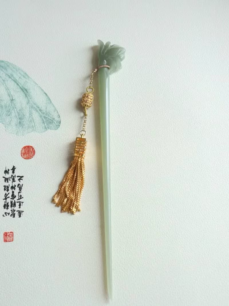 天然和田玉髮簪發釵純手工雕刻搭配銀鍍金喜字流蘇新婚禮物送女友