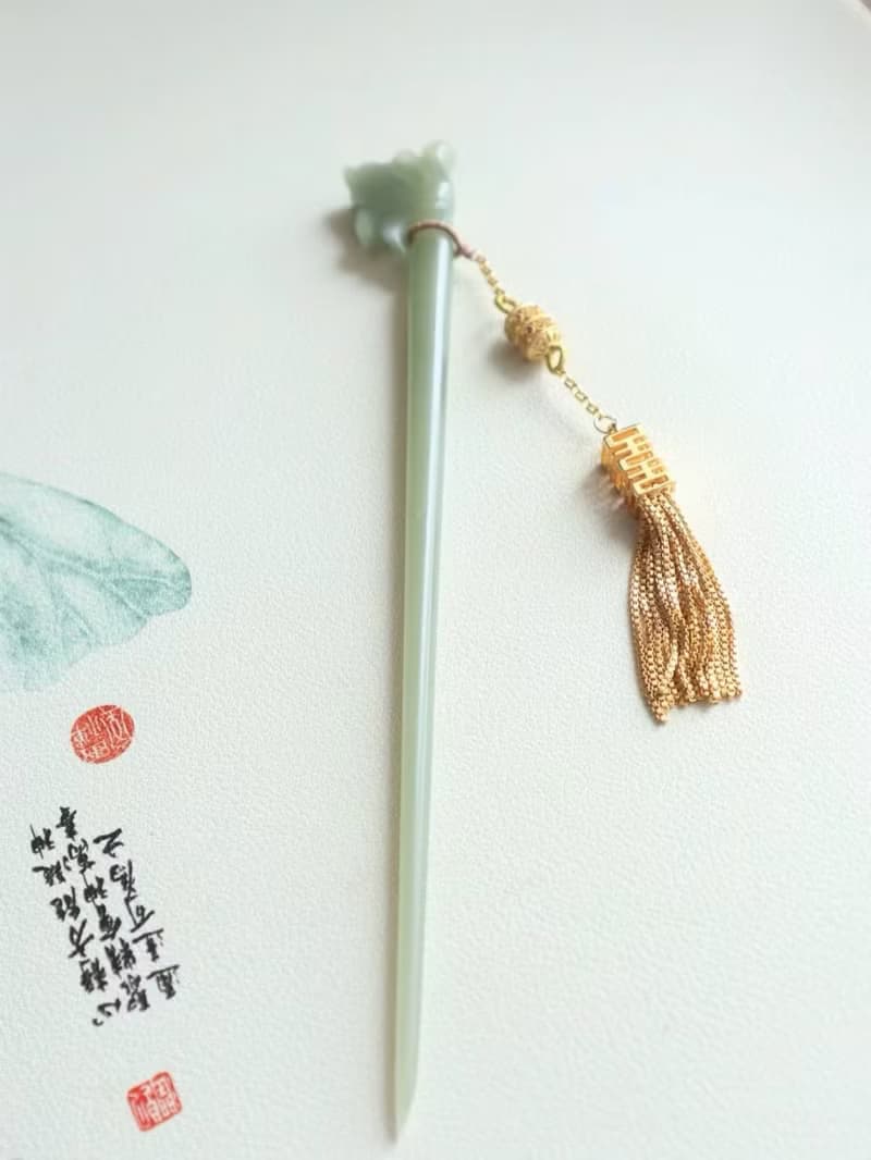 天然和田玉髮簪發釵純手工雕刻搭配銀鍍金喜字流蘇新婚禮物送女友