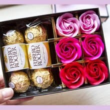 金莎巧克力6顆入+6朵玫瑰香皂花禮盒-紅色-禮品 獎品 送禮 緞帶