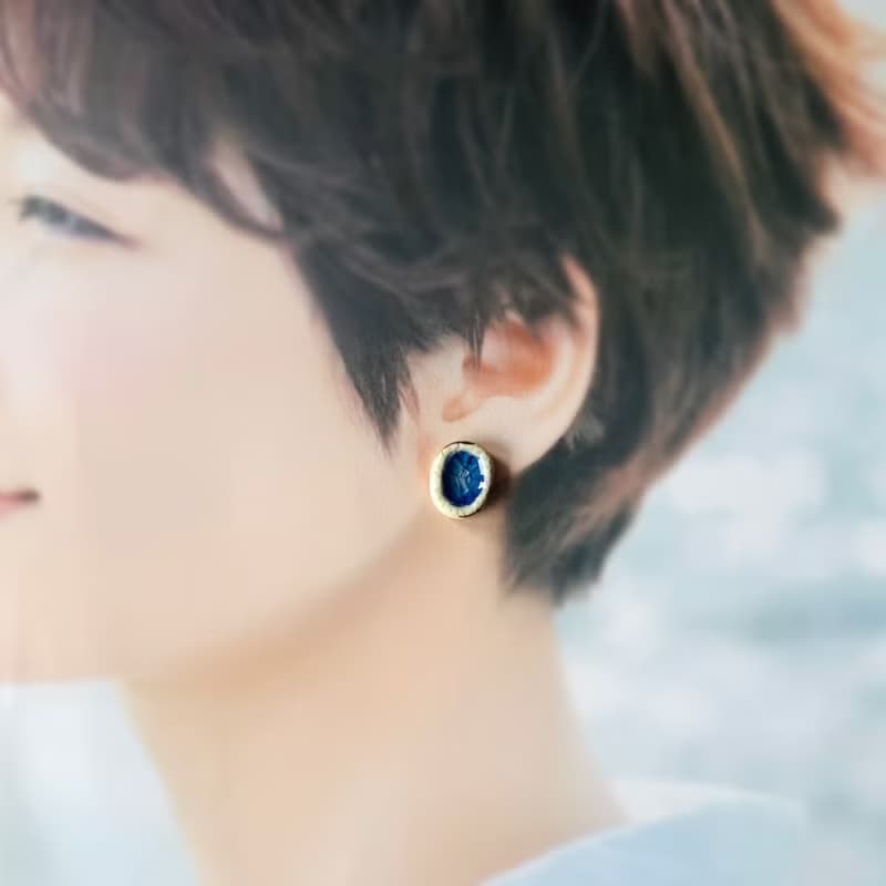 大ぶり 陶器 金継ぎ ガラス ピアス イヤリング ノンホールピアス ブルー 青 ゴールド 金 ギフト 贈り物 プレゼント 誕生日 母の日 バレンタイン