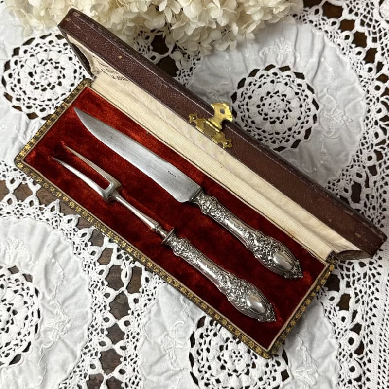 50576-絕美法國古董雕花密涅瓦純銀柄餐具組