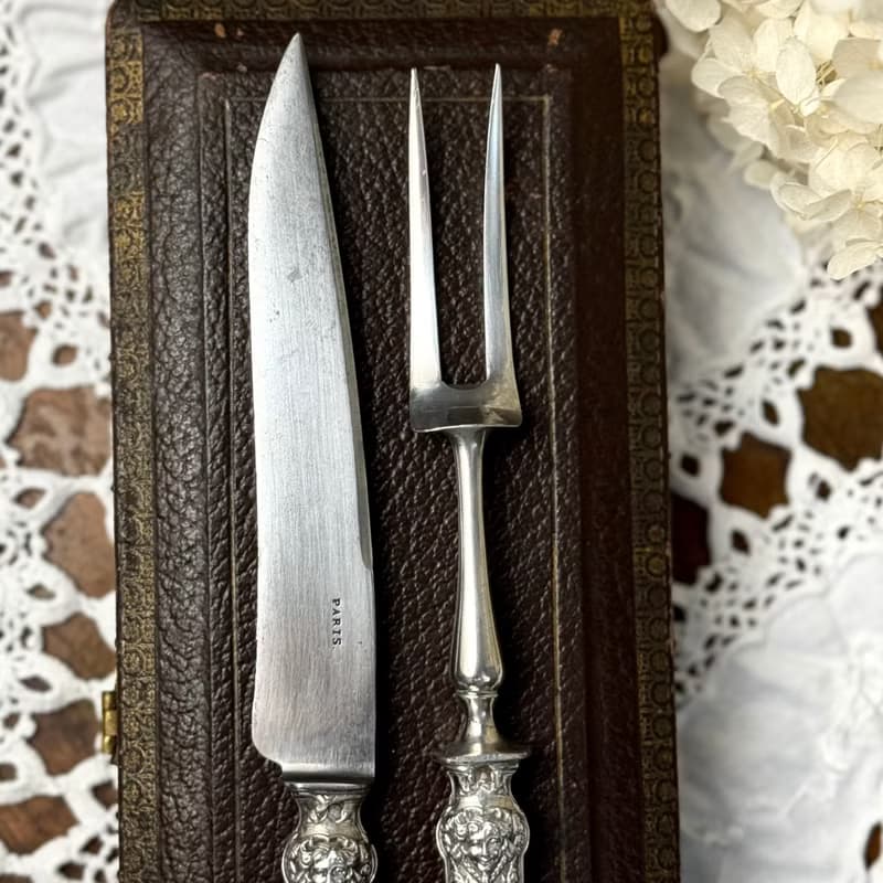 50576-絕美法國古董雕花密涅瓦純銀柄餐具組