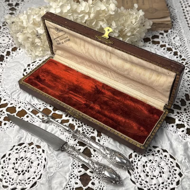 50576-絕美法國古董雕花密涅瓦純銀柄餐具組