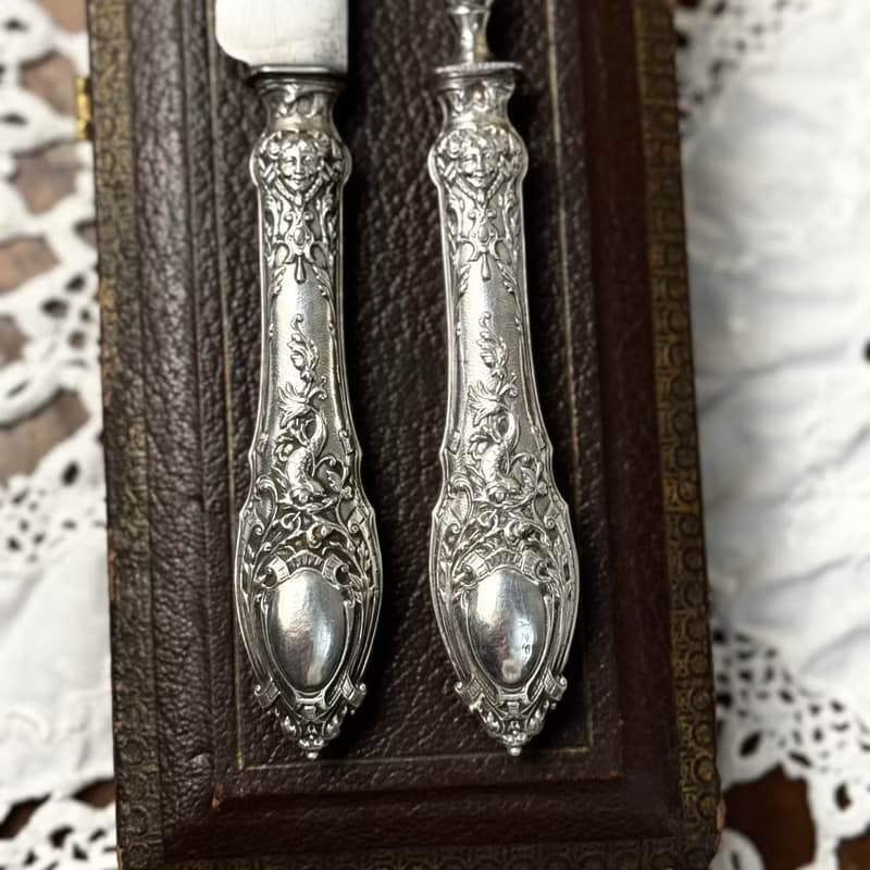 50576-絕美法國古董雕花密涅瓦純銀柄餐具組