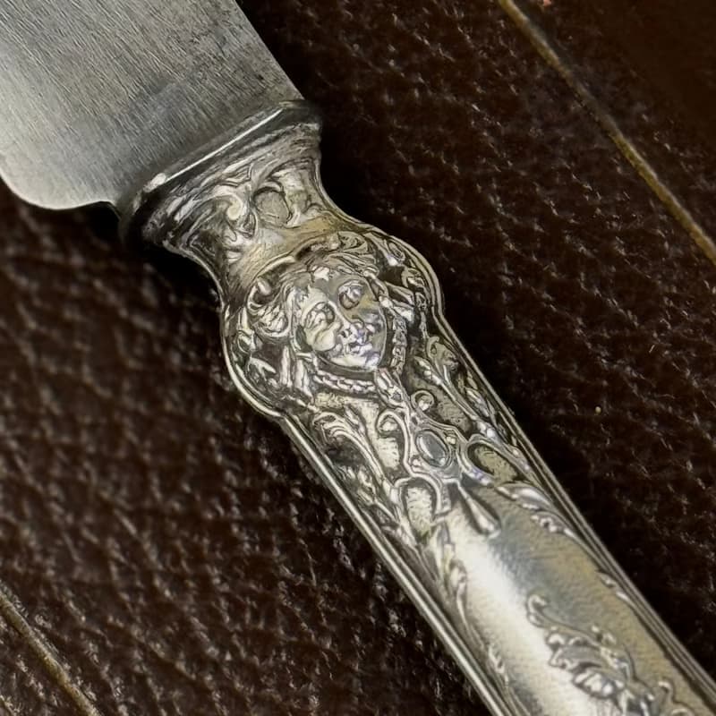 50576-絕美法國古董雕花密涅瓦純銀柄餐具組