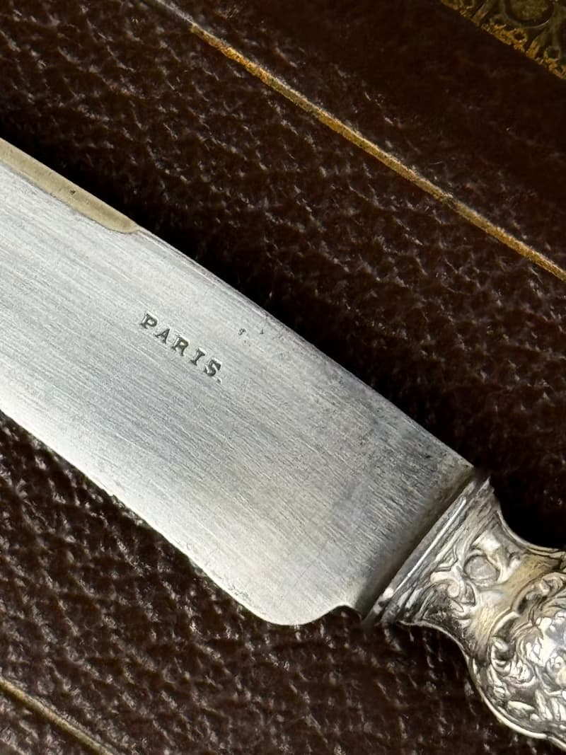 50576-絕美法國古董雕花密涅瓦純銀柄餐具組