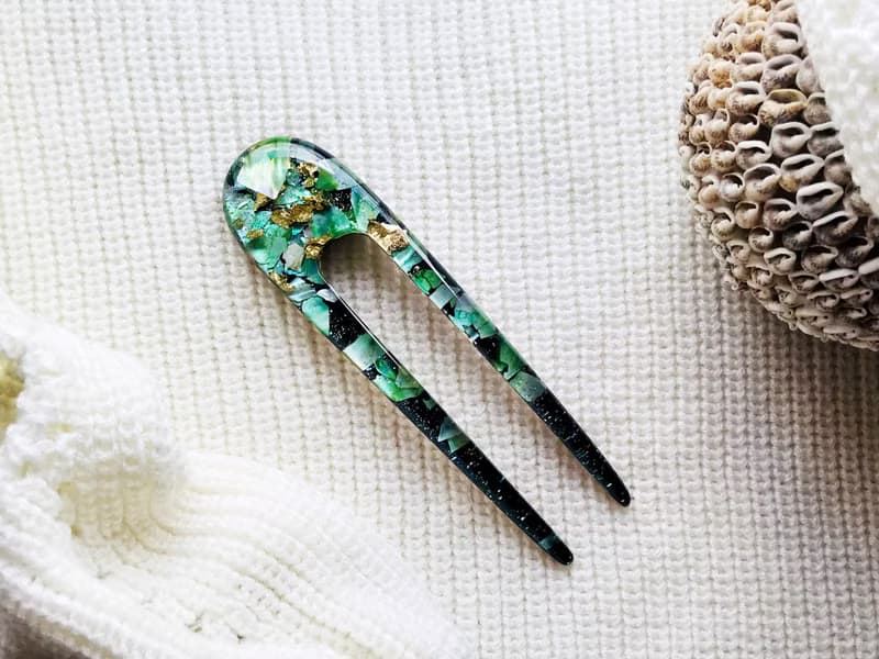 Green hair clip with mother of pearls, hair fork, hair chopsticks