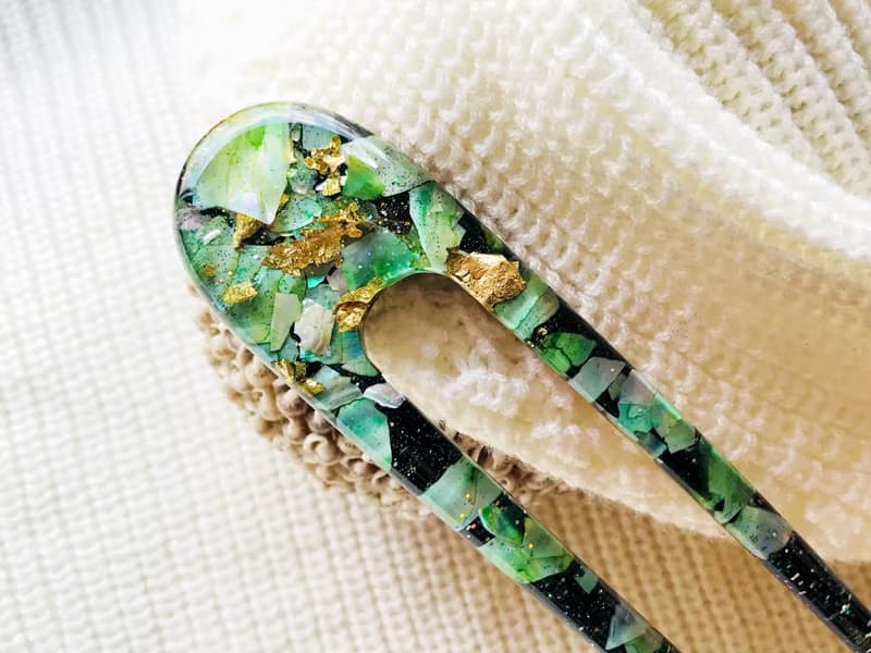 Green hair clip with mother of pearls, hair fork, hair chopsticks