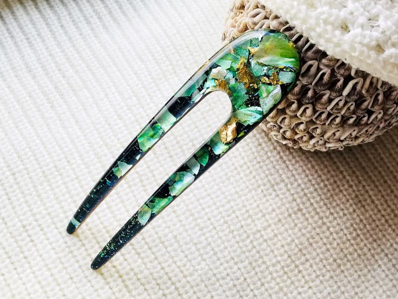 Green hair clip with mother of pearls, hair fork, hair chopsticks