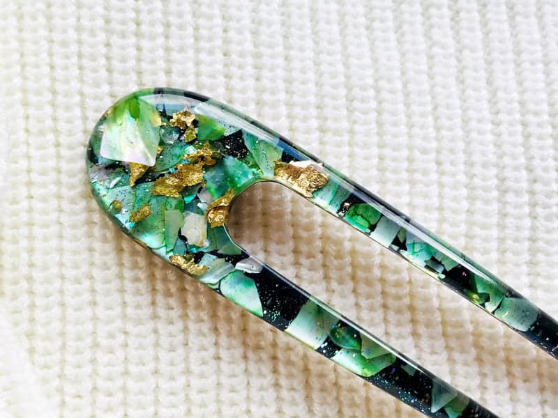 Green hair clip with mother of pearls, hair fork, hair chopsticks
