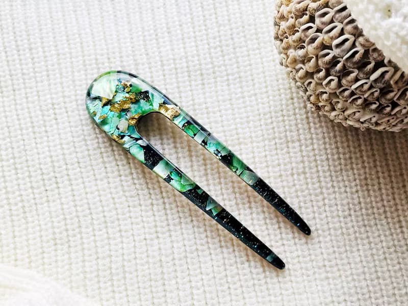 Green hair clip with mother of pearls, hair fork, hair chopsticks