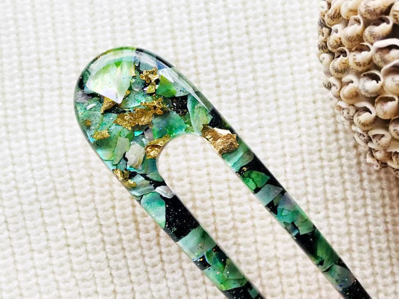 Green hair clip with mother of pearls, hair fork, hair chopsticks