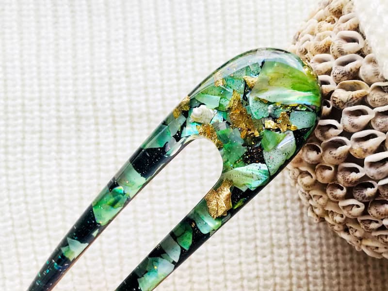 Green hair clip with mother of pearls, hair fork, hair chopsticks
