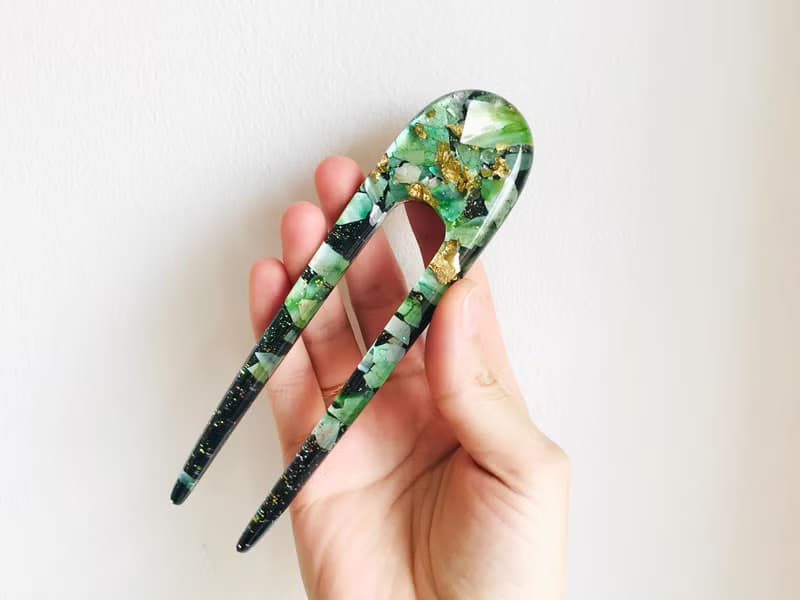 Green hair clip with mother of pearls, hair fork, hair chopsticks