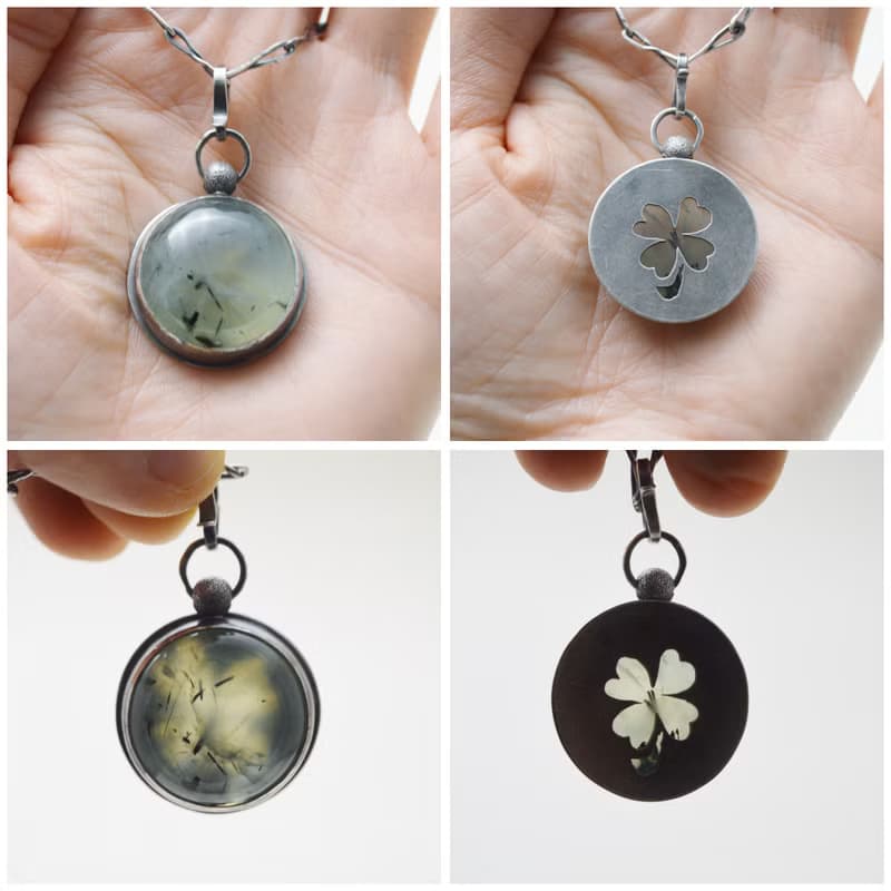 幸運草-葡萄石‧背面鏤空幸運草‧硫化純銀手工鍊項鍊