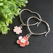Pink Sakura Enamel Flowers Floral Heart Hoop Earrings Hoops Swarovski Jewelry