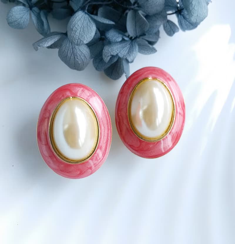 【西洋古董飾品 】粉嫩 仿珠 優雅氣質 大耳環  夾式耳環