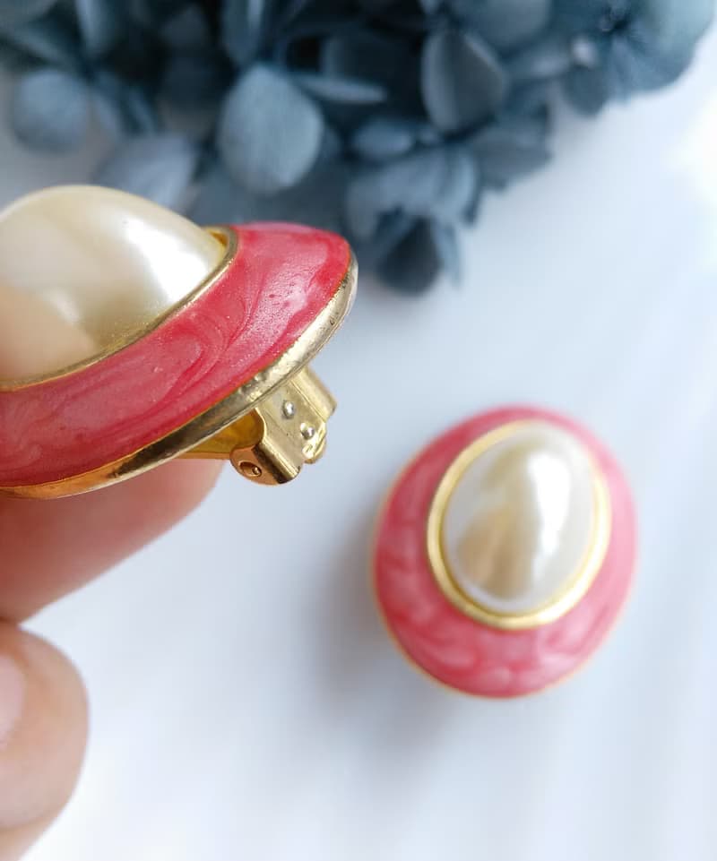 【西洋古董飾品 】粉嫩 仿珠 優雅氣質 大耳環  夾式耳環