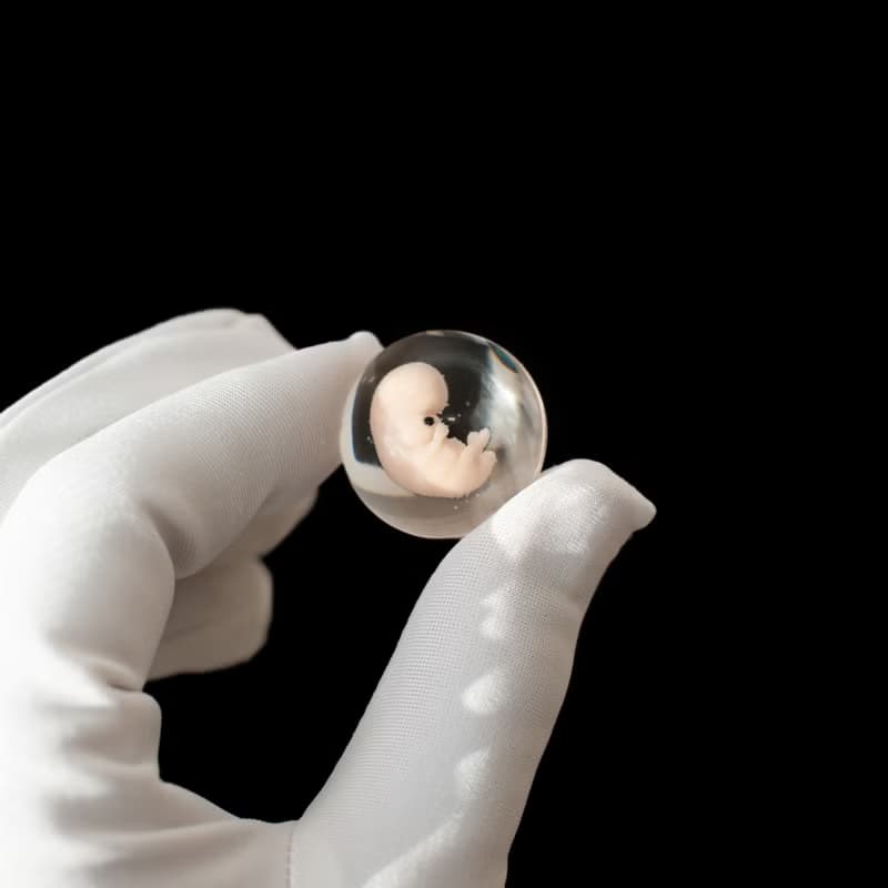 Embryo 7 weeks in Lens, 7 weeks pregnant, Sculpture cast in resin.