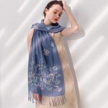 【輕奢】Lris春暖花開蕾絲刺繡純棉流蘇圍巾-霧霾藍