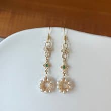 14K包金 蕾絲綠星芒淡水珍珠花圈耳環 耳夾 14KGF