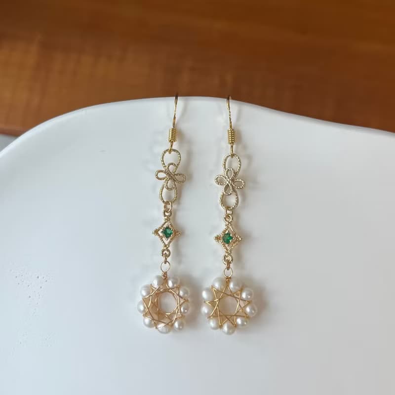 14K包金 蕾絲綠星芒淡水珍珠花圈耳環 耳夾 14KGF