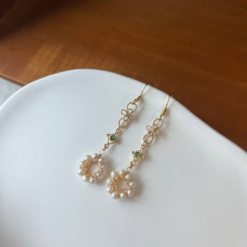 14K包金 蕾絲綠星芒淡水珍珠花圈耳環 耳夾 14KGF