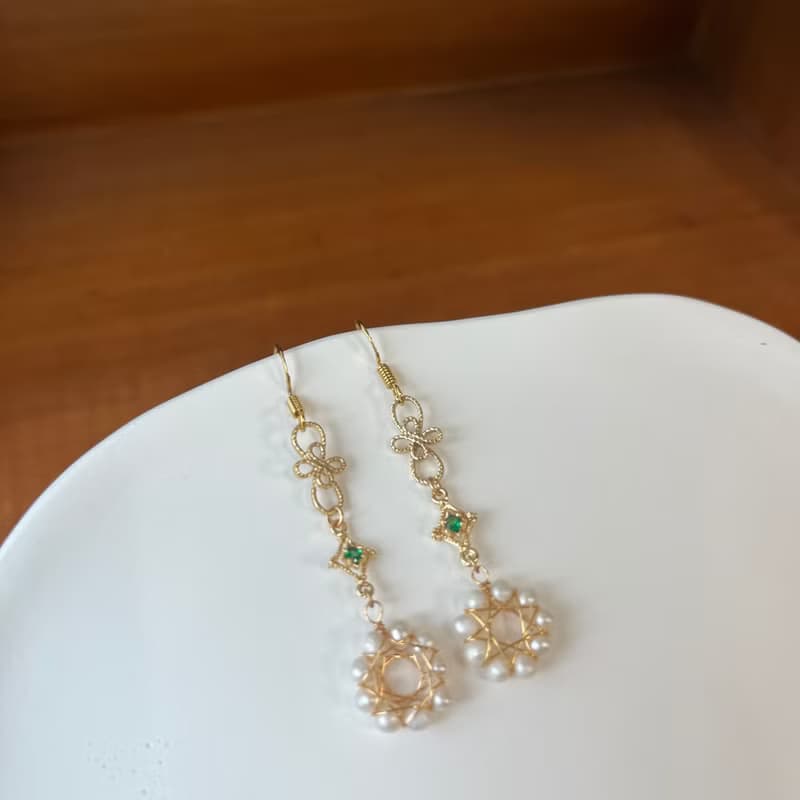 14K包金 蕾絲綠星芒淡水珍珠花圈耳環 耳夾 14KGF