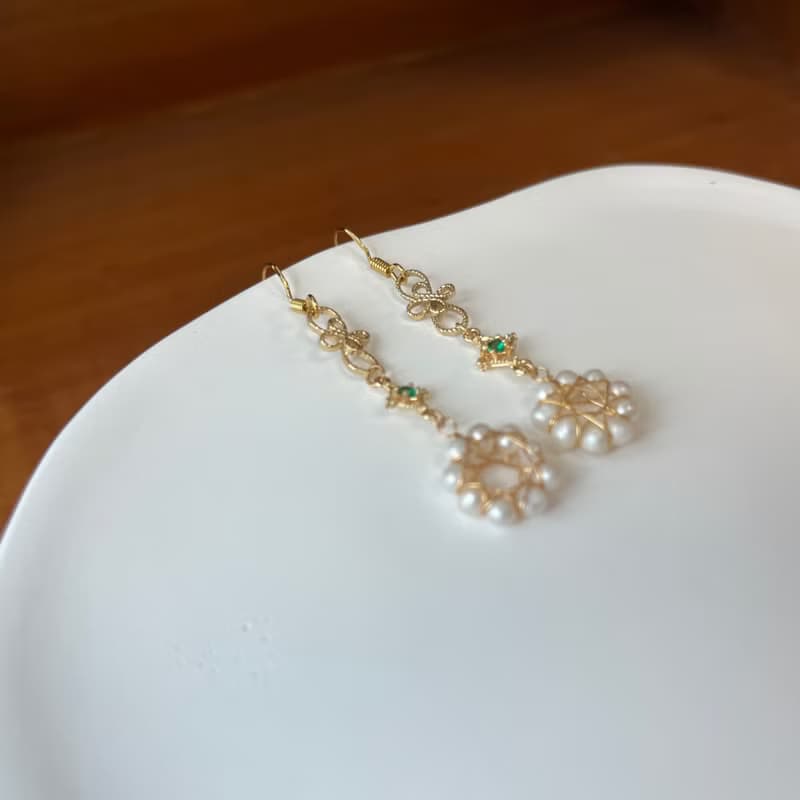 14K包金 蕾絲綠星芒淡水珍珠花圈耳環 耳夾 14KGF