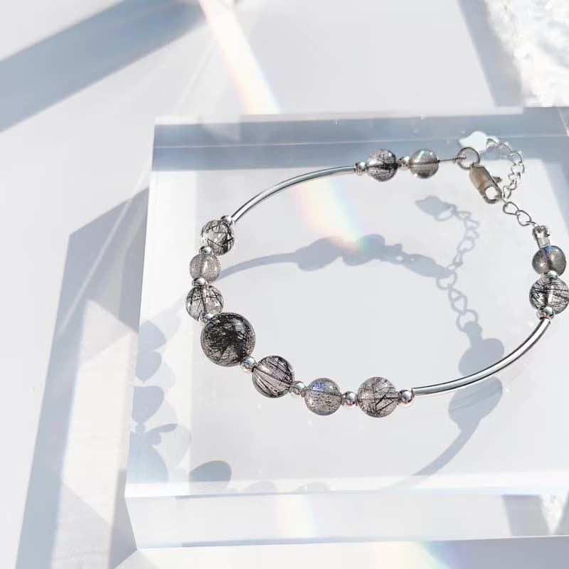 黑髮晶 拉長石 S925純銀 天然水晶手鍊