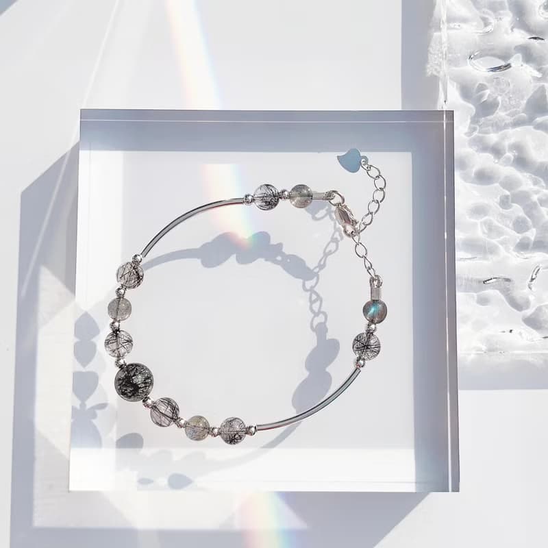 黑髮晶 拉長石 S925純銀 天然水晶手鍊