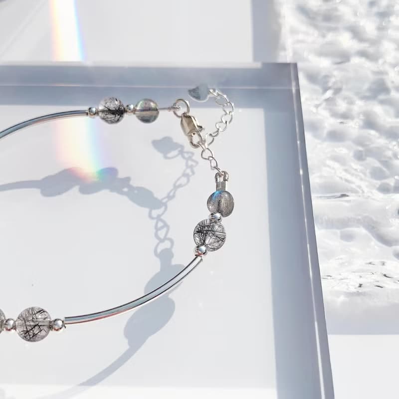 黑髮晶 拉長石 S925純銀 天然水晶手鍊