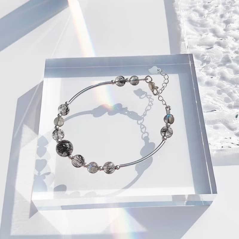 黑髮晶 拉長石 S925純銀 天然水晶手鍊