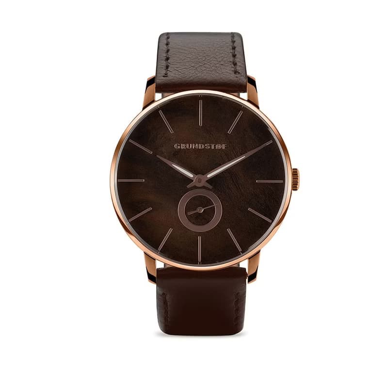 GRUNDSTOF 沉穩經典原木手錶 - 核桃木節 40mm 黃銅金 咖啡皮帶