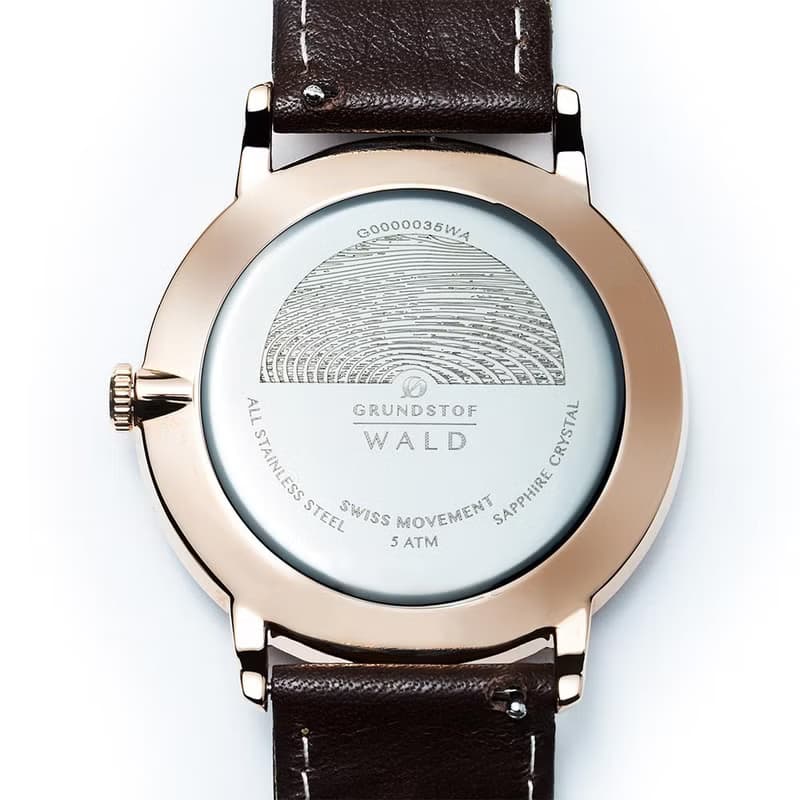 GRUNDSTOF 沉穩經典原木手錶 - 核桃木節 40mm 黃銅金 咖啡皮帶