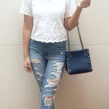 自由組合式 小方形皮革拼布手袋  藍色皮革 布料隨時替換