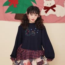 復古少女 格子刺繡童趣針織衫