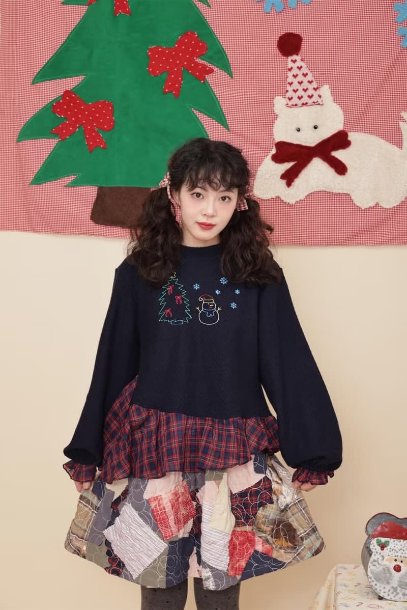 復古少女 格子刺繡童趣針織衫