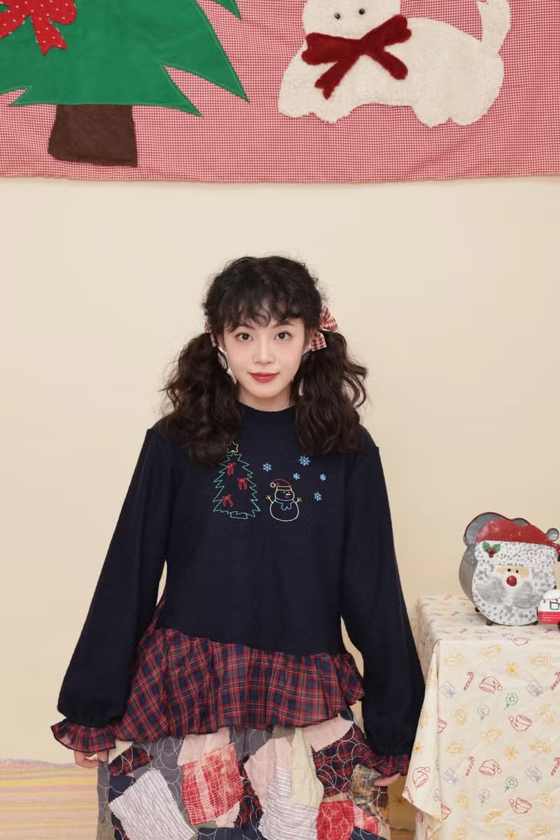 復古少女 格子刺繡童趣針織衫