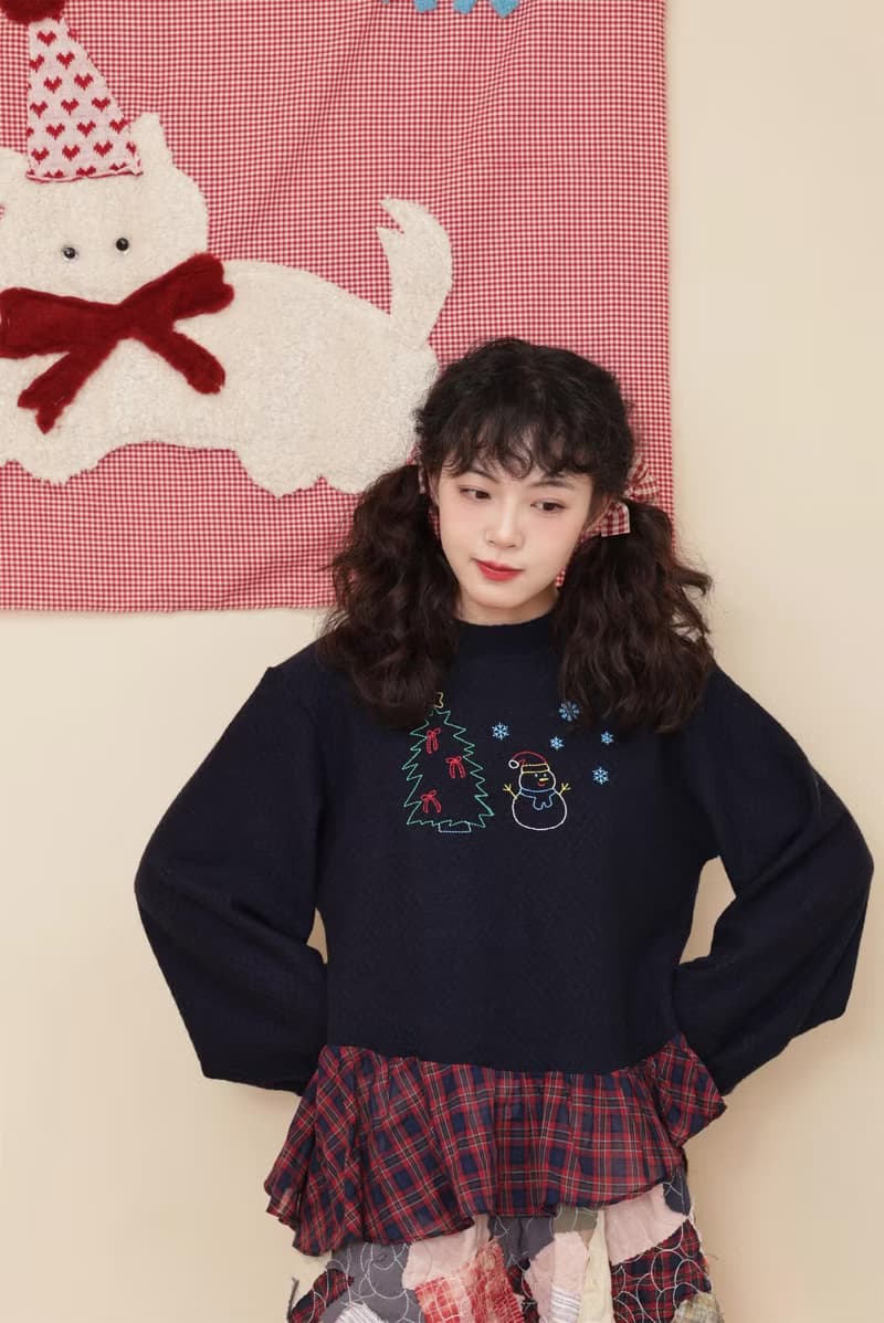 復古少女 格子刺繡童趣針織衫