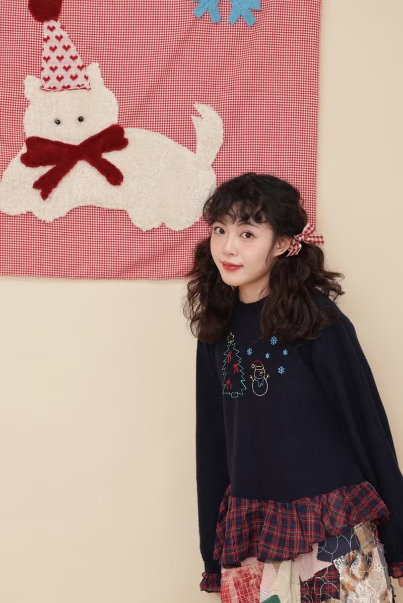 復古少女 格子刺繡童趣針織衫