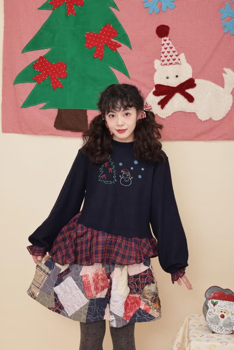 復古少女 格子刺繡童趣針織衫